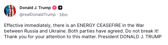 FoxNews's tweet photo. BREAKING: President Trump announces an energy ceasefire between Russia and Ukraine. https://t.co/nfJL0LqfyK