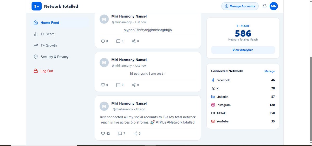 NKingsnansoh's tweet photo. Day 2 of building T+ in public 

✅ Two-step login: hashed passwords + 6-digit code
✅ Posts tied to your verified account
✅ Community leaderboard
✅ Feed + T+ Score dashboard (sample data for now)

Next: real social account connections.

#buildinpublic #TPlus https://t.co/Wvh0zUgA3u