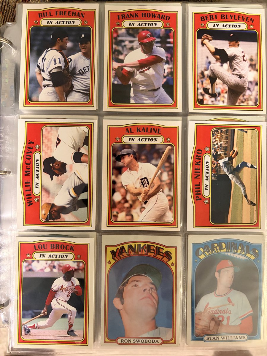 CardboardHistry's tweet photo. A major highlight in #TheHobby during COVID was @wthballs celebrating those who’ve built the beastly ‘72 #Topps set. @delspacefranco & I are proud charter members. BUT…how many have built the “extended ‘72 set” w/ Gio’s 25 INCREDIBLE missing “In Action” cards?!😜 #FineArt 🖼️ https://t.co/N2kerZzGVi