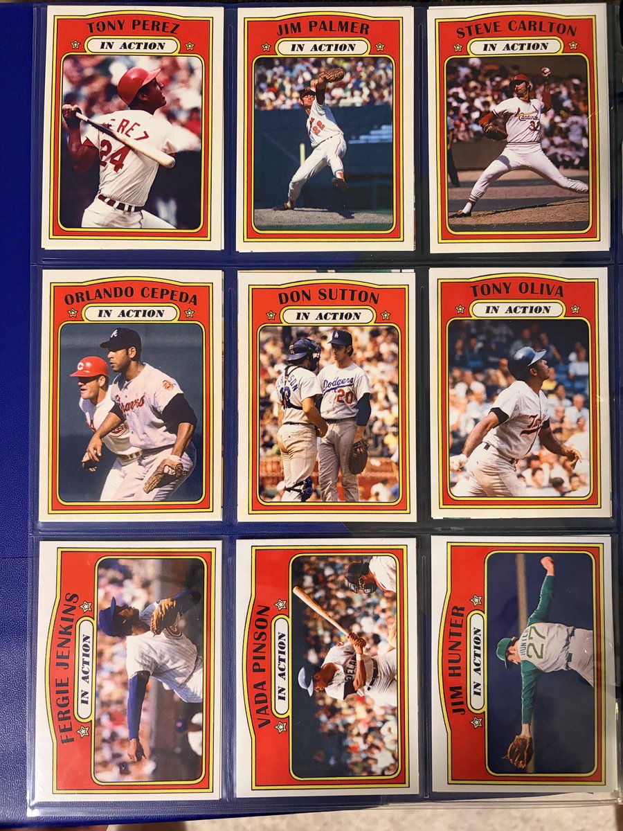 CardboardHistry's tweet photo. A major highlight in #TheHobby during COVID was @wthballs celebrating those who’ve built the beastly ‘72 #Topps set. @delspacefranco & I are proud charter members. BUT…how many have built the “extended ‘72 set” w/ Gio’s 25 INCREDIBLE missing “In Action” cards?!😜 #FineArt 🖼️ https://t.co/N2kerZzGVi