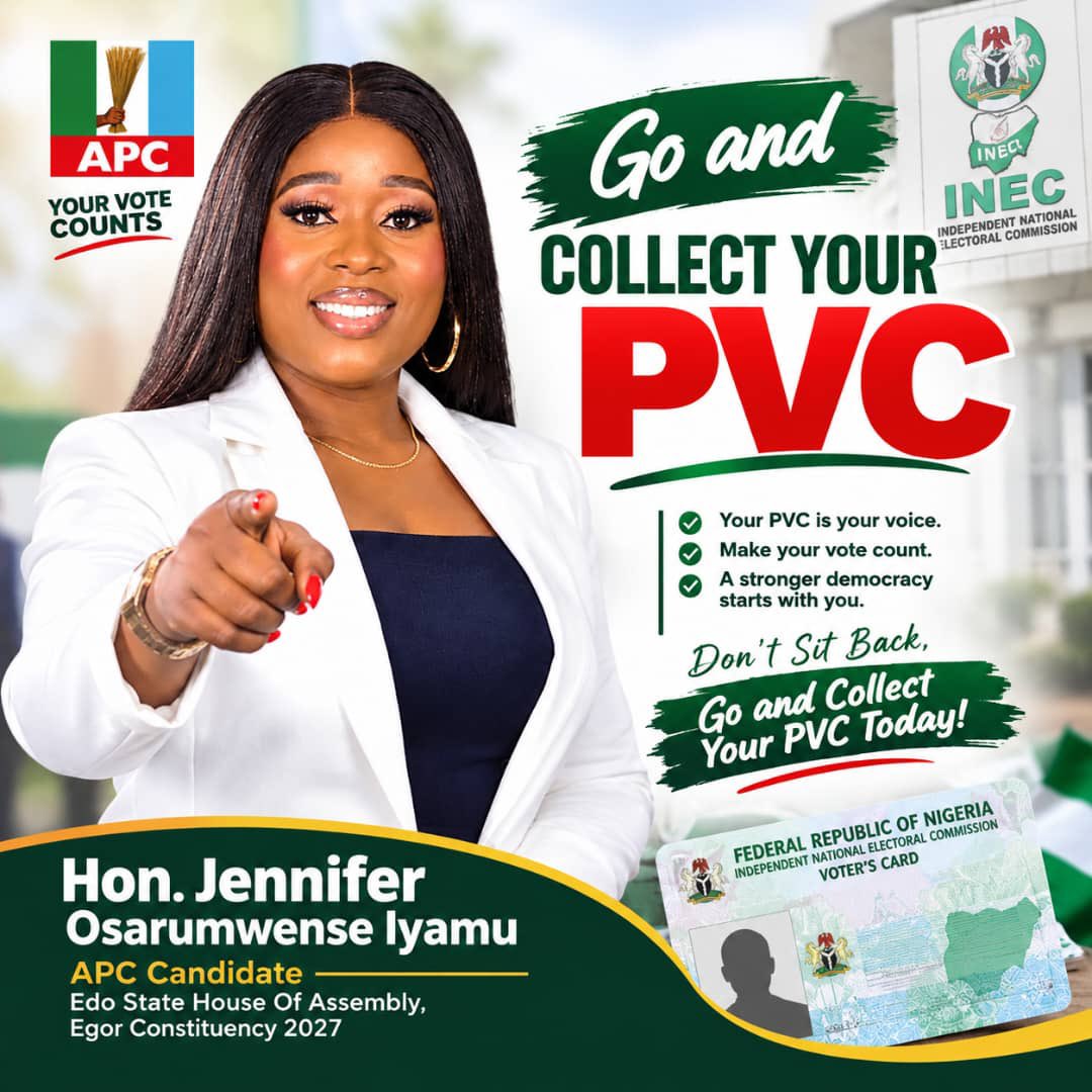 iyamu_o's tweet photo. 📢 YOUR PVC, YOUR VOICE, YOUR FUTURE! 🗳️💪
L
 EGOR CONSTITUENCY, THE POWER TO SHAPE OUR FUTURE IS IN YOUR HANDS!
COLLECT YOUR PVC. PROTECT YOUR VOICE. SHAPE EGOR’S FUTURE! 🗳️
HON. JENNIFER OSARUMENSE IYAMU (JOI)
APC Aspirant for Egor Constituency, Edo State House of Assembly https://t.co/Rmc54xCU56