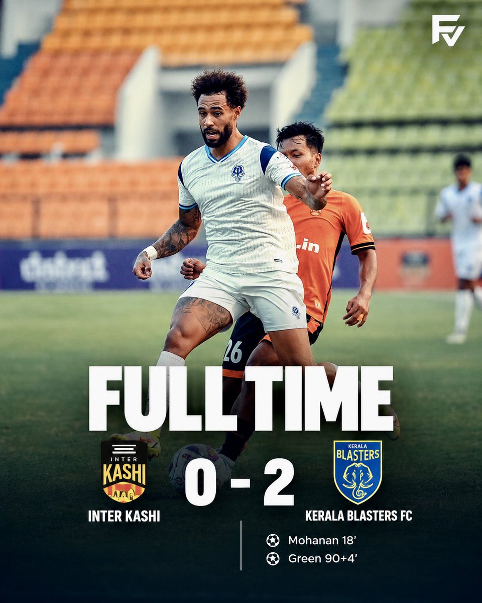 FieldVisionIND's tweet photo. FULL TIME: Inter Kashi 0️⃣–2️⃣ Kerala Blasters FC

The Blasters get the job done with a goal in each half to secure all three points!⚽🔥 Green seals the victory deep into stoppage time after Mohanan’s opener.

#IndianFootball #MGISL #KBFC https://t.co/cwKaKFqOYD