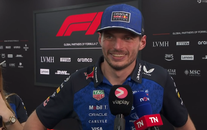 SCUDERIAFEMBOY's tweet photo. ''this weekend was like the good old days, your dominant years.''

max: ''i mean, can it, for once?!''

''it felt like 2023, did you feel the same this weekend?''

max: ''almost, yeah. it was truly a great weekend.'' https://t.co/Fc573RHefg
