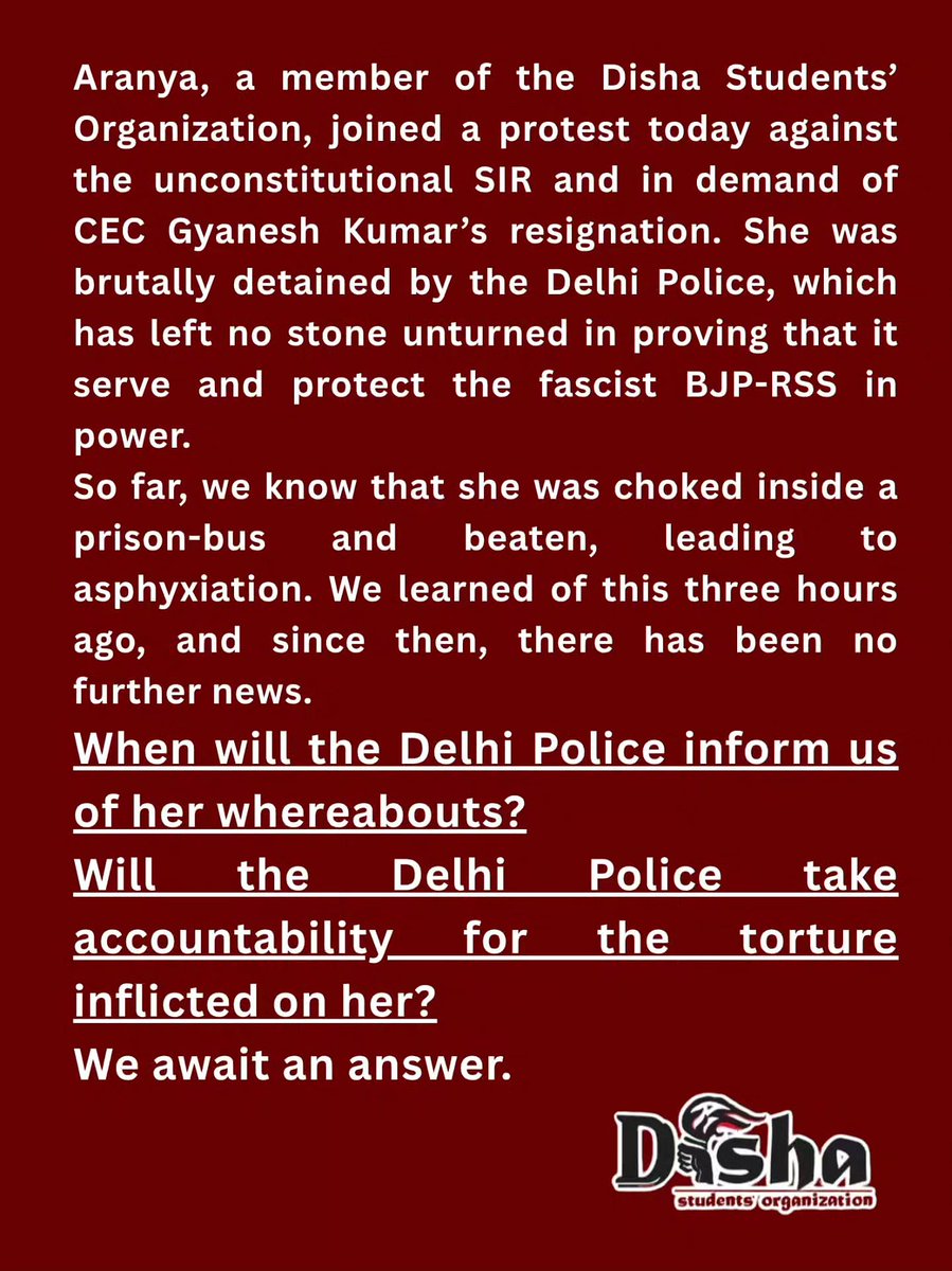 AadeshSpeaking's tweet photo. Aranya from @disha_du_ is still missing after 3 hours.
She was last seen in the prison van, where she was brutally beaten up, and then she was isolated by the Delhi Police goons.

Will @DelhiPolice tell us about her whereabouts? https://t.co/z0MoupoOxa