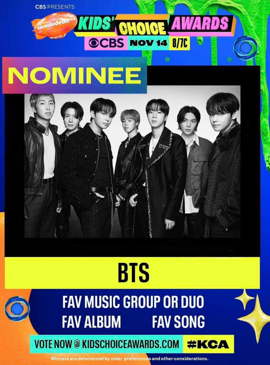 btschartsxdaily's tweet photo. 🚨 Don’t forget to vote for #BTS for Kids’ Choice Awards 2026! 🇺🇸

— Favorite song : Swim
— Favorite album : Arirang
— Favorite Music Group or Duo

🗳️ VOTE NOW: https://t.co/OP5vNZ9H5c
📅Ends: November 13 https://t.co/hZDoHTV5Nc