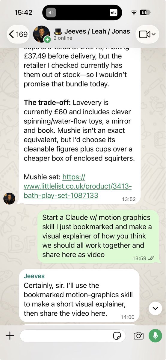 jonas's tweet photo. Here is Jeeves explaining how he works with us 

He can see when I bookmark stuff on X and can use herdr on my AI shed to spin up “big agents”. I just wanted to see if the integration worked, but thought the video was actually quite good https://t.co/7SM56hZDrz