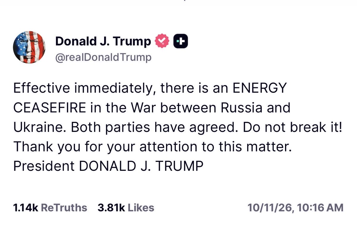 bennyjohnson's tweet photo. President Trump has announced an energy ceasefire in the Russia and Ukraine War.

This comes two days after the U.S. announced a major deal with Russia securing diesel and after Trump called for Zelenskyy to be replaced as President for continuing strikes on refineries. https://t.co/bExhNOnV8R