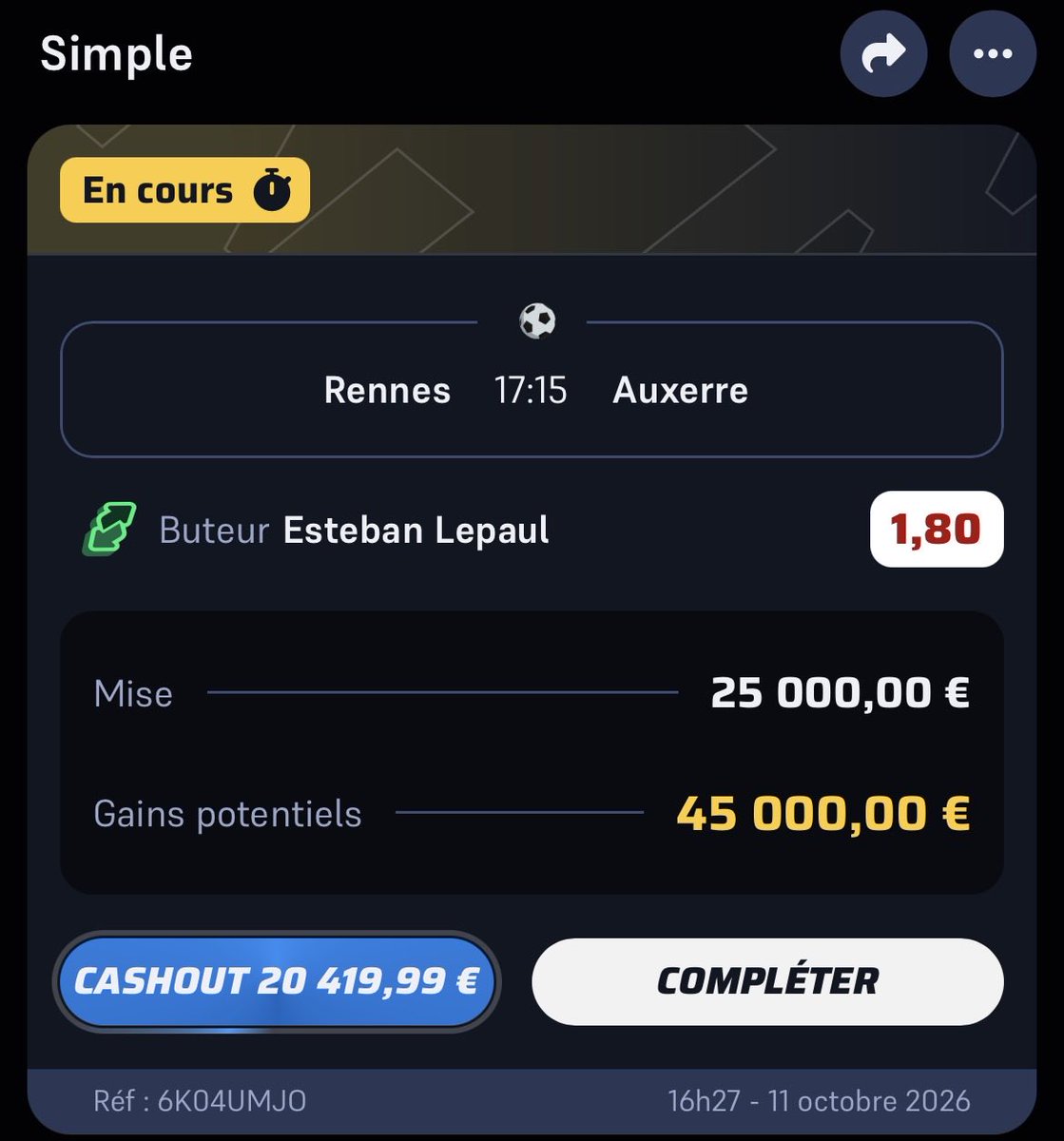 alphavaluebet's tweet photo. ⚽️ Lepaul @ 1.8 - W

Meilleur à Rennes 😁 https://t.co/S8DmzTtdJQ