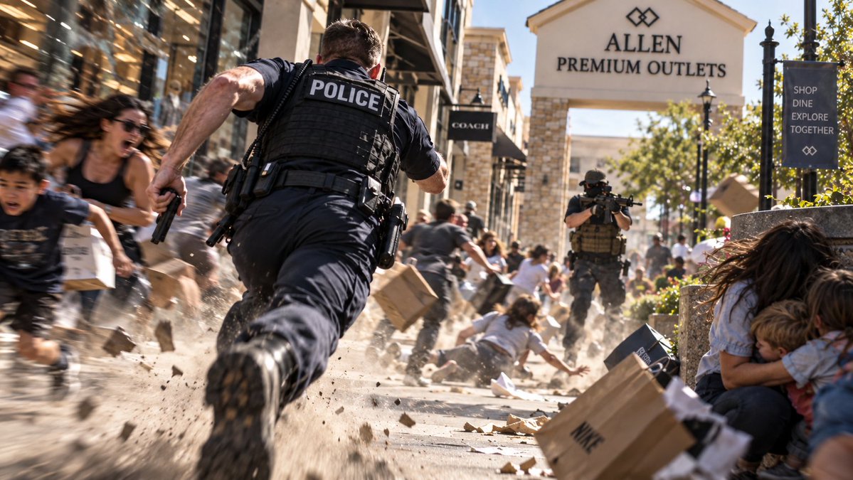 japan_nobunaga's tweet photo. POP-POP-POP-POP-POP.

Over sixty rounds of high-velocity rifle fire shredded the Saturday afternoon calm outside the Allen Premium Outlets in Texas.

Shoppers carrying bags dropped everything and sprinted in sheer terror.

Mothers threw their toddlers behind concrete trash cans.

An AR-15-wielding madman clad in tactical body armor was systematically walking the sidewalks, executing innocent people in cold blood.

A lone Allen police officer—whose name was kept private to protect his family—was in the parking lot talking to a mother and her two children about wearing seatbelts.

The second the gunfire erupted, he didn't call for a SWAT perimeter.

He didn't wait in his cruiser for backup.

He unholstered his standard-issue 9mm service pistol, keyed his shoulder mic, and said four words:

"I think we got shots fired. I'm moving."

Think about that.

Hundreds of terrified people were running toward him, away from the danger.

This single officer ran in the EXACT OPPOSITE DIRECTION, sprinting hundreds of yards down the outdoor pedestrian mall straight toward the sound of heavy rifle fire.
His body camera footage is one of the most intense, chilling records of courage in American law enforcement history.
You hear his heavy breathing.
You hear his sprint.
You hear the cracks of the rifle getting louder and louder with every stride.

He rounded the corner near a glass storefront, spotted the tactical-vested shooter, raised his handgun while fully exposed, and fired.

Neutralized.

From the first shot fired to the threat eliminated was barely THREE MINUTES.

If that officer had waited even thirty seconds for backup, dozens more families would have been massacred.

A pistol against an assault rifle.

He ran into the gunfire so others could run to safety. That is what a real guardian looks like. 🇺🇸👮‍♂️