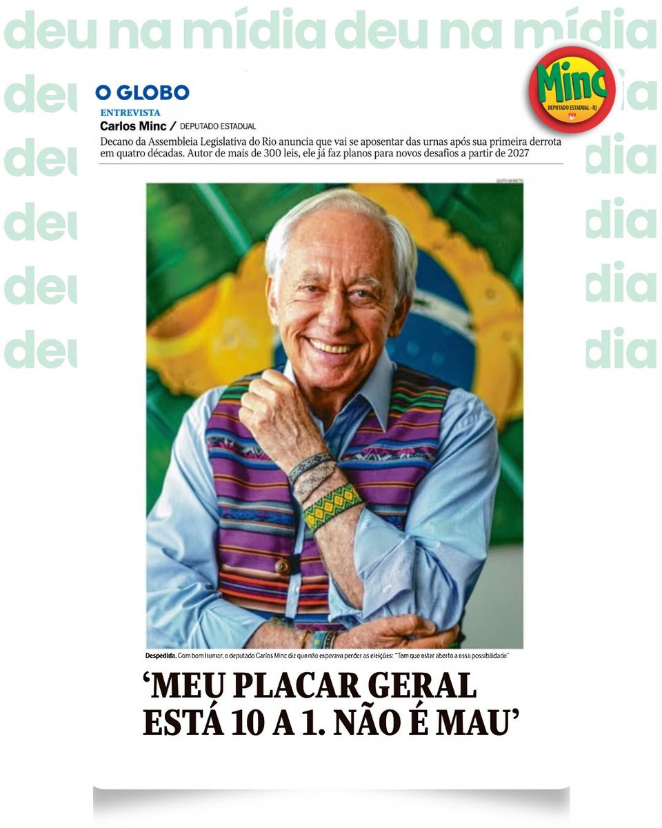 minc_rj's tweet photo. LONGE DE PENDURAR AS CHUTEIRAS

Gostei muito da matéria de O Globo: leve, bem-humorada, ampla e fundamentada. Só senti falta de algumas coisas, como a menção aos parques que criamos, o camisão no Obelisco e a batata no cano de escape dos ônibus poluidores. 

Mas adorei a foto! Guito Moreto captou até minha essência e meus pensamentos!

O balanço é importante, e também mostra que sigo firme, com novos projetos pela frente. Antes de ser deputado, já atuava na UFRJ, na fundação da Apedema (Assembleia Permanente de Entidades em Defesa do Meio Ambiente) e na campanha pela reforma agrária com Betinho. 

E vou continuar lutando porque o Parlamento não é o único canal de transformação.

Na Assembleia, estarei atento para impedir que destruam nossas leis e vou buscar parcerias para dar andamento aos 400 projetos meus que ainda tramitam, além das mais de 300 leis já aprovadas.

Vamos manter os olhos bem abertos e a disposição combativa elevada!

Link para a entrevista: https://t.co/TMelTyVqXQ