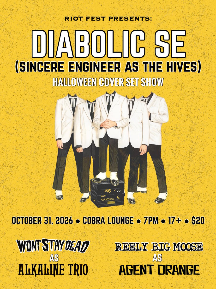 SincereEngineer's tweet photo. got plans for halloween?! we’re dressing up &amp; playing a @TheHives cover set at @CobraLounge!!! 

with our friends @Wont_Stay_Dead (@Alkaline_Trio!) &amp; Reely Big Moose (Agent Orange!)!! 

https://t.co/Y4s3ZYJnFL https://t.co/cKgwMSZpiK