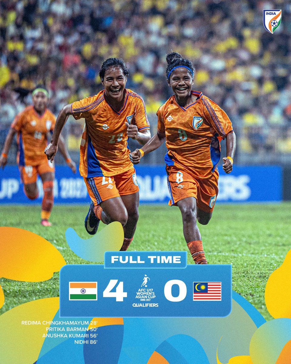 IndianFootball's tweet photo. QUALIFIED! 🇮🇳🤩
The #YoungTigresses beat Malaysia and finish top of Group E to book their place at the AFC U17 Women’s Asian Cup China 2027!

#INDMAS #U17WAC #AsiaDream #IndianFootball https://t.co/Y0Bt6WCM89