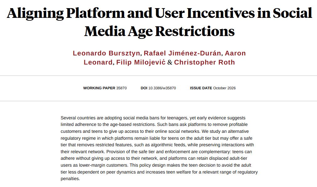 nberpubs's tweet photo. A safe tier of social media usage lets teens keep their friends without the harmful features, aligning platform and user incentives to enforce age limits on social media, from Leonardo Bursztyn, Rafael Jiménez-Durán, Aaron Leonard, Filip Milojević, and @cp_roth https://t.co/yUFHHmoPTE