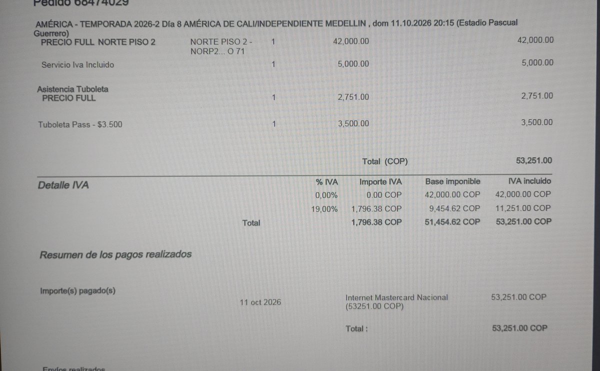 GuegiaEdwin's tweet photo. @AmericadeCali Lista la Boleta Pero la empresa @AmericadeCali MIENTE  con los precios. En la publicación dice norte 47.000 Pero en realidad se pagó 53.251 que dice sobre esto señores @sicsuper  esto es publicidad de un precio engañoso. https://t.co/v2mkulgynY