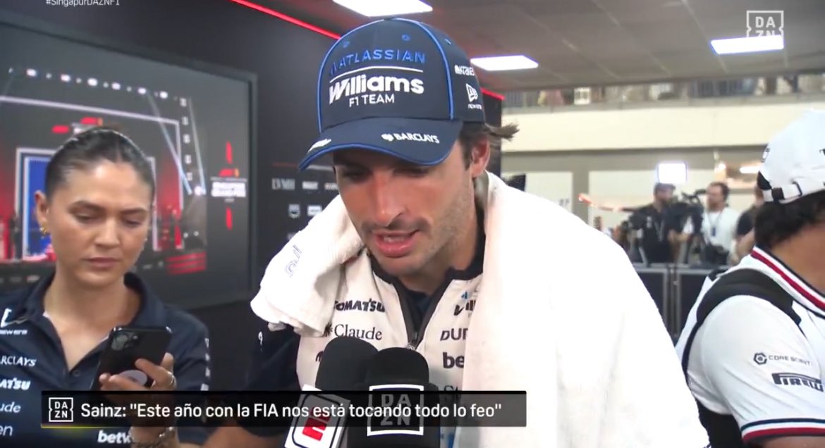itsnotme_arii's tweet photo. Carlos finally talks about the treatment Williams and him are getting 😭

“I don't know what happens this year with the FIA and Williams, me in particular that we have gotten the worst of it..”

“Q1 with no battery, yesterday clearly i was impeded and no penalty and in madrid they gave me 3 positions without thinking, and the 5 places of the yellow flag when i did lift..”