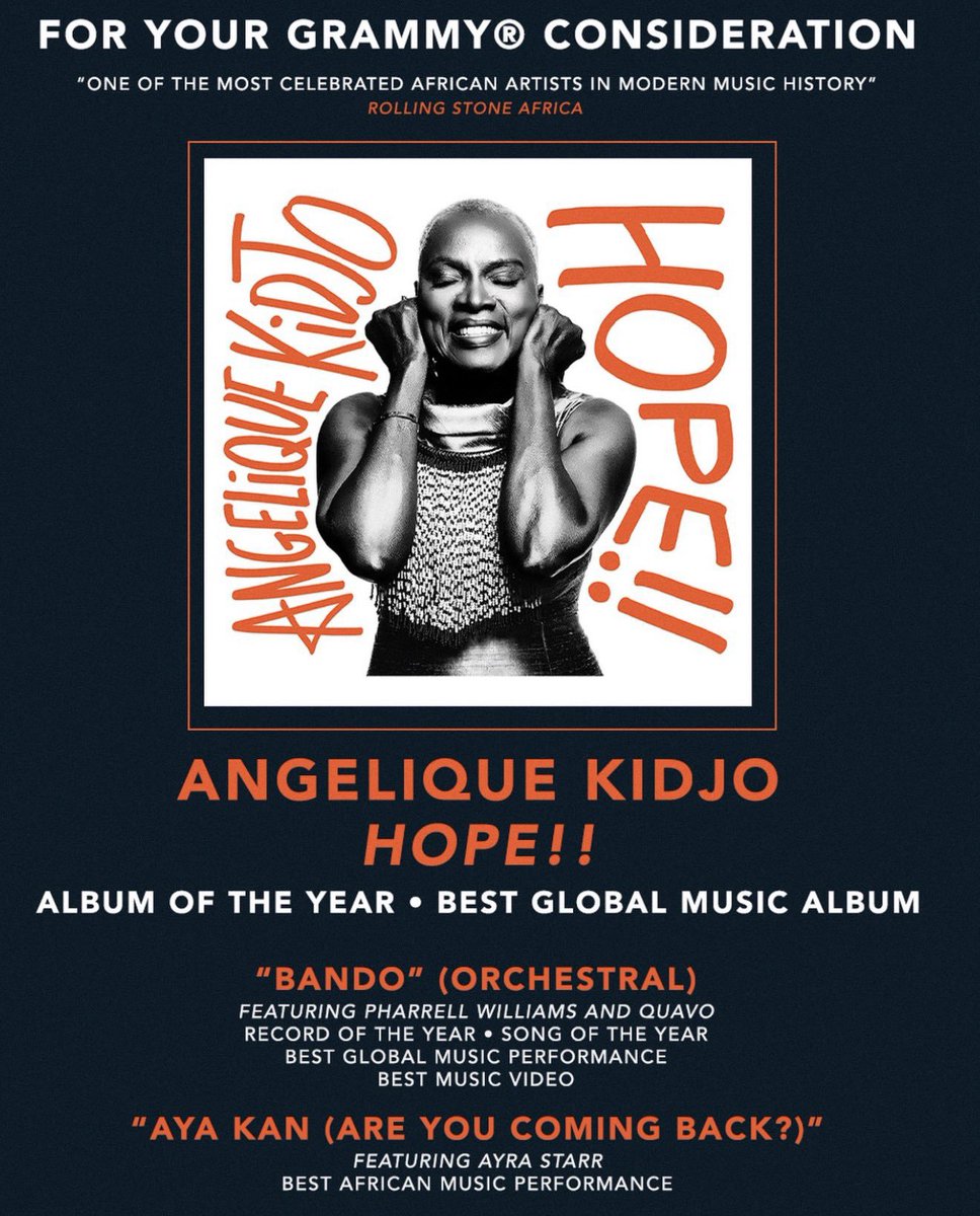 AlbumTalksHQ's tweet photo. 🚨 Angelique Kidjo has officially submitted “Aye kan (Are you coming back?)” featuring Ayra Starr for "Best African Music Performance" at the 2027 Grammys https://t.co/V2dHK0FShk