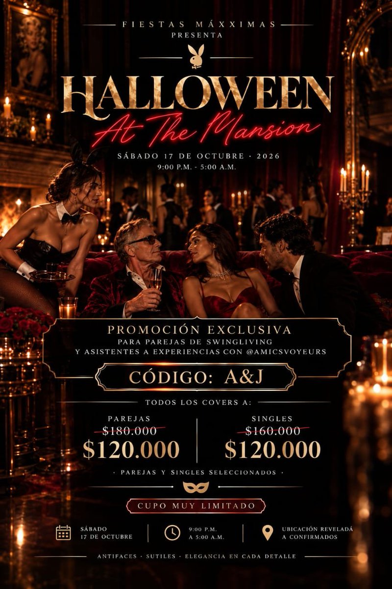 amicsvoyeurs's tweet photo. Con @AnggieJuanito nos unen muchos años de fiestas, amistad y complicidad. 

Nos vemos el sábado 17 de octubre en #HalloweenAtTheMansion 🐰🎃👯

Si quieres acompañarnos, usa el código A&amp;J y paga $120.000 de cover. Aplica para parejas y singles seleccionados. https://t.co/wtPfYgNnhB