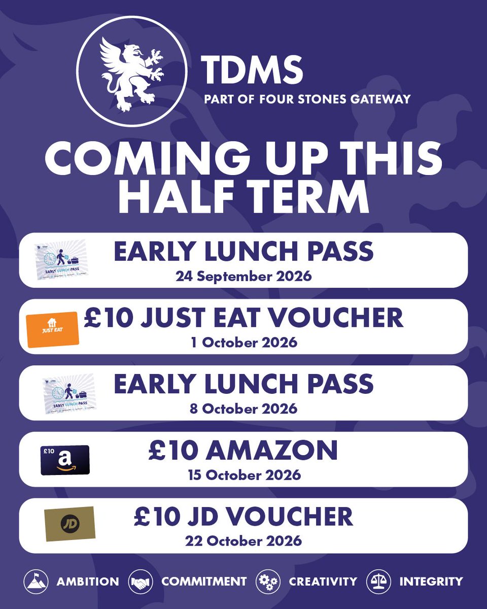 TDMS_Evesham's tweet photo. We’re heading into another brilliant week of Attendance Ambition.
This Thursday’s prize is a £10 Amazon voucher - perfect for treats, stationery, or something fun for the weekend. 
Turn up, stay committed, and keep building those Attendance Ambition Tickets.

#AttendanceAmbition https://t.co/0MV67eY4r4