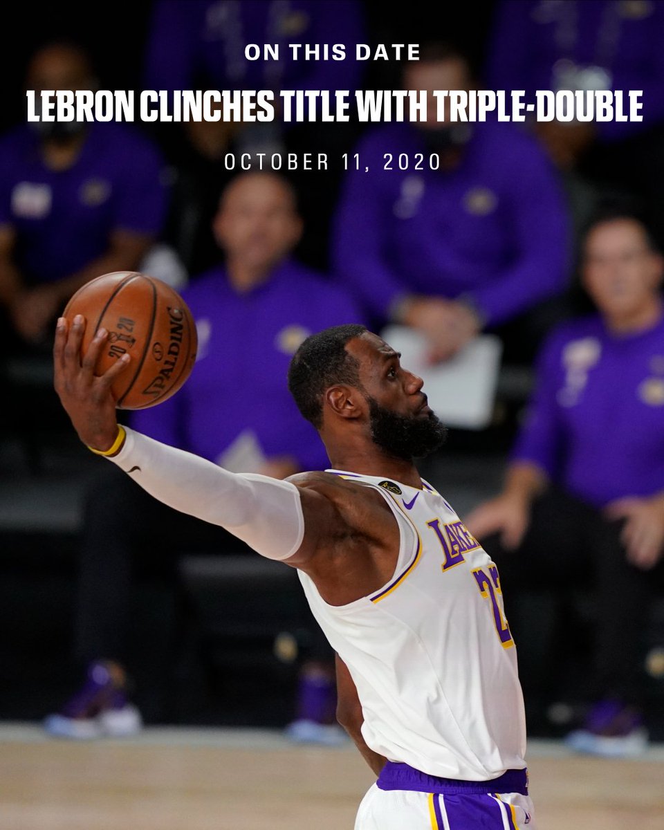ESPNInsights's tweet photo. On this date in 2020, LeBron James recorded a 25-point triple-double to help the Lakers clinch their 17th NBA title. 🏆

James has the most Finals triple-doubles in NBA history with 11! 🏀 https://t.co/nhp4PPE1CV