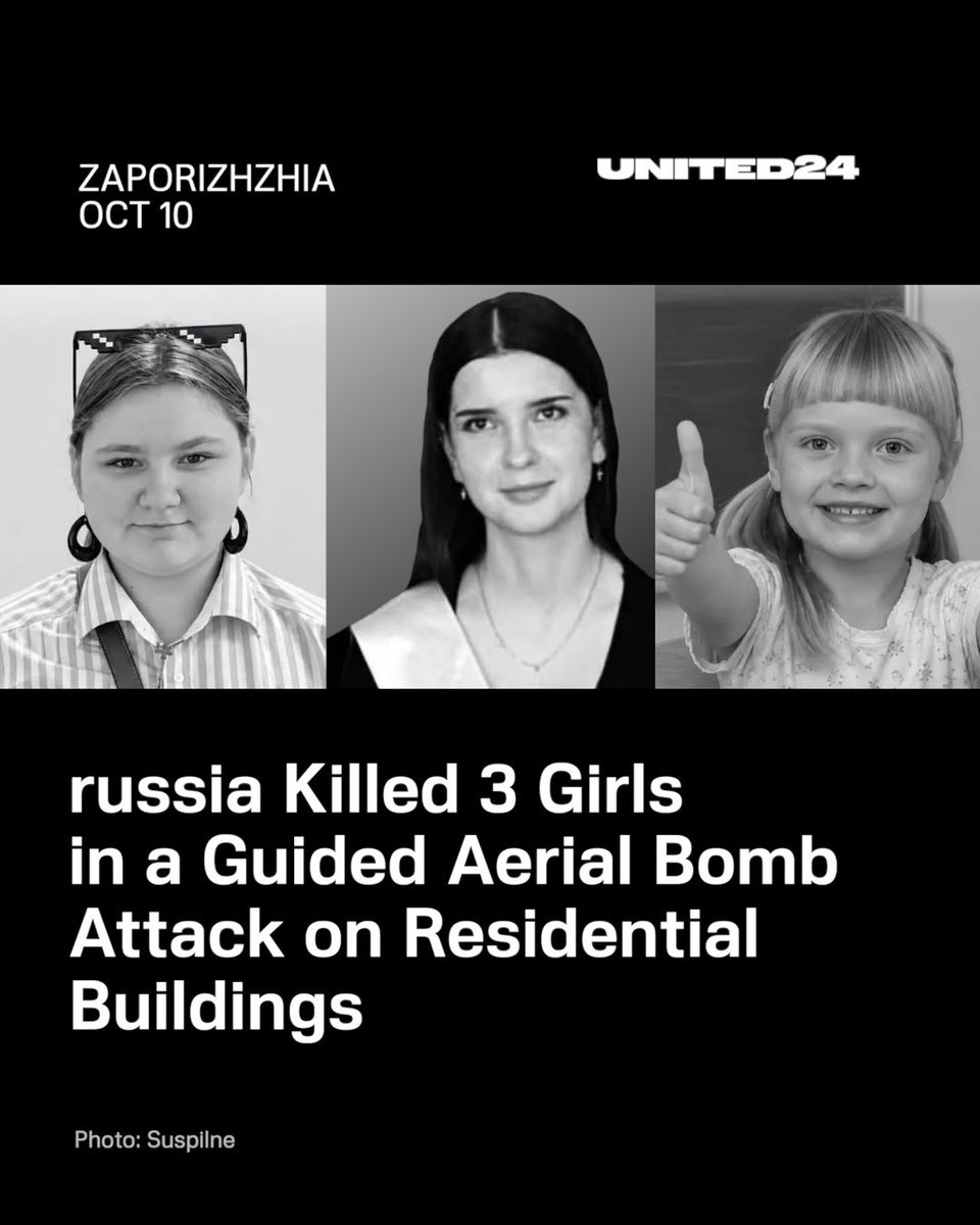 U24_gov_ua's tweet photo. On October 10, russia struck residential buildings in Zaporizhzhia with guided aerial bombs, killing 3 children: Yelyzaveta Sorochyshyna, Anna Mur-Zak, and Polina Foshchan.

The russian attack also claimed the lives of 17 adults.

Our deepest condolences to the families and loved ones of all the victims.