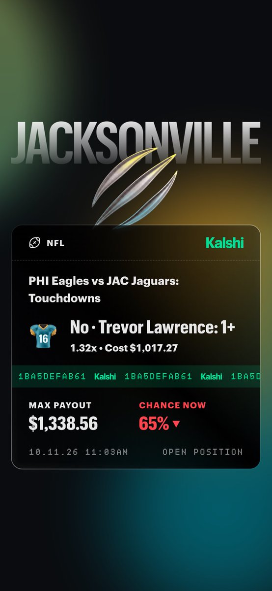 grasian's tweet photo. LIVE NFL PROP ARB 🏈🚨

Odds were going crazy for this due to the fumble review. 

Lawrence no TD (Kalshi) : Risk $1,017.27, Payout $1,338.56

Lawrence anytime TD (Hard Rock) : Risk $190 total across two slips, Payout $1,350

Total risked : $1,207.27
Net profit either way : +$131.29–142.73 (~11% ROI) 🤑✅

Spot these fast with @OddsJam
CLICK HERE FOR 7 DAY FREE TRIAL → https://t.co/uq8U2GmFDv