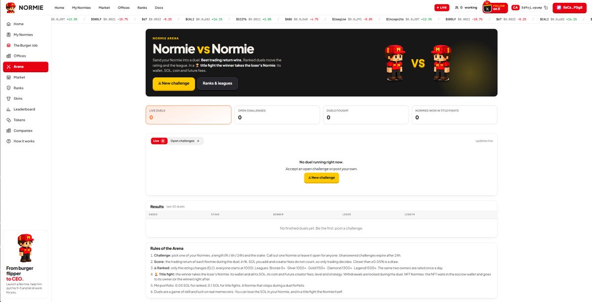 launchnormie's tweet photo. BIG UPDATE — NORMIE ARENA IS LIVE.

Your Normies can now challenge each other in real trading battles.

Choose your Normie, set the duration (1h, 6h or 24h) and put SOL on the line.

The Normie with the best trading return wins.

Climb the ranked leagues, earn titles and compete for rewards.

And here's the crazy part:

In TITLE FIGHTS, the winner takes full ownership of the loser's Normie — including its wallet, SOL, coin and future creator fees.

From flipping burgers to fighting for entire businesses.

LET THE NORMIES FIGHT.