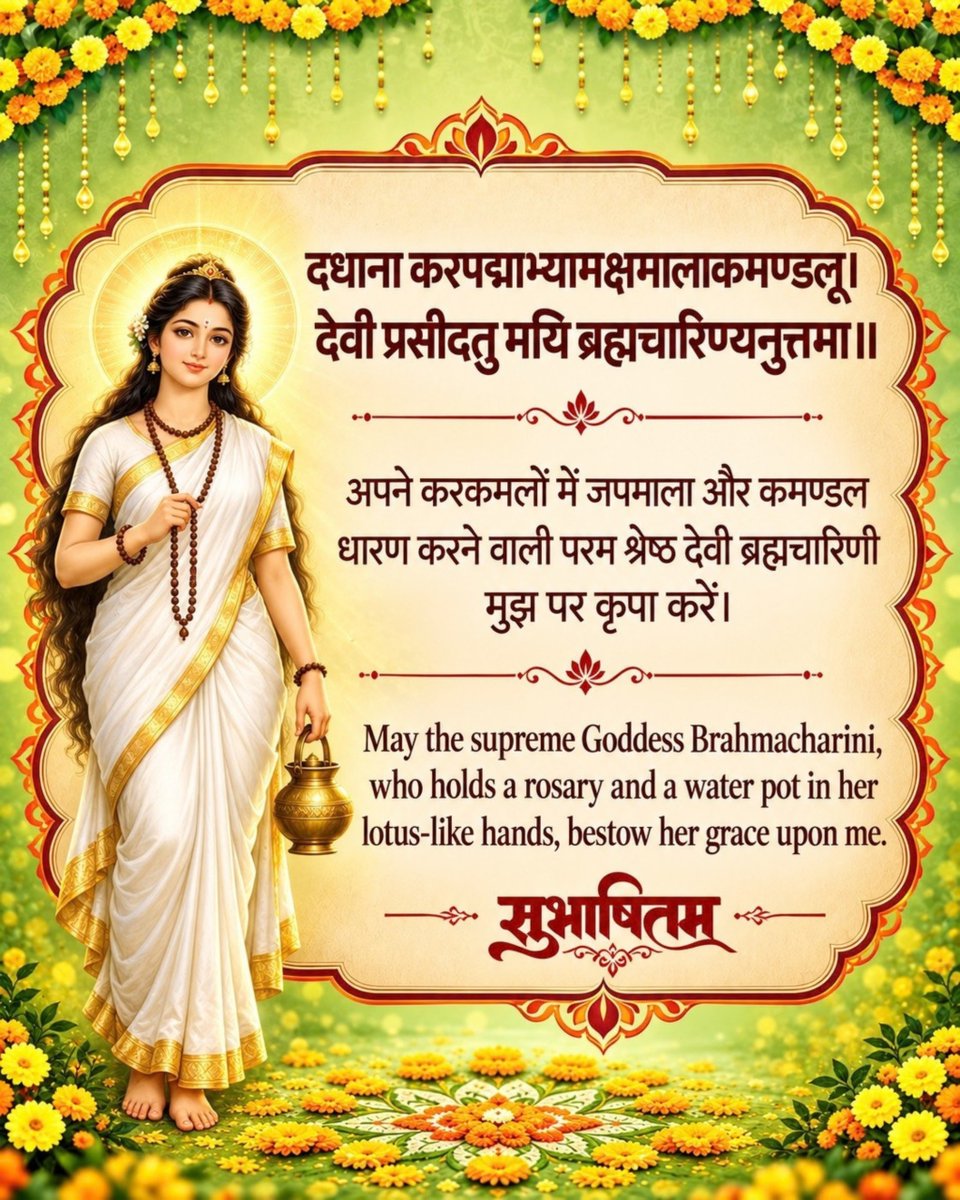 MyGovSanskrit's tweet photo. दधाना करपद्माभ्यामक्षमालाकमण्डलू। 
देवी प्रसीदतु मयि ब्रह्मचारिण्यनुत्तमा॥

#MorningMotivation
#MorningMusings
#Navratri2026
#Subhashitani https://t.co/BG1IUatJUo