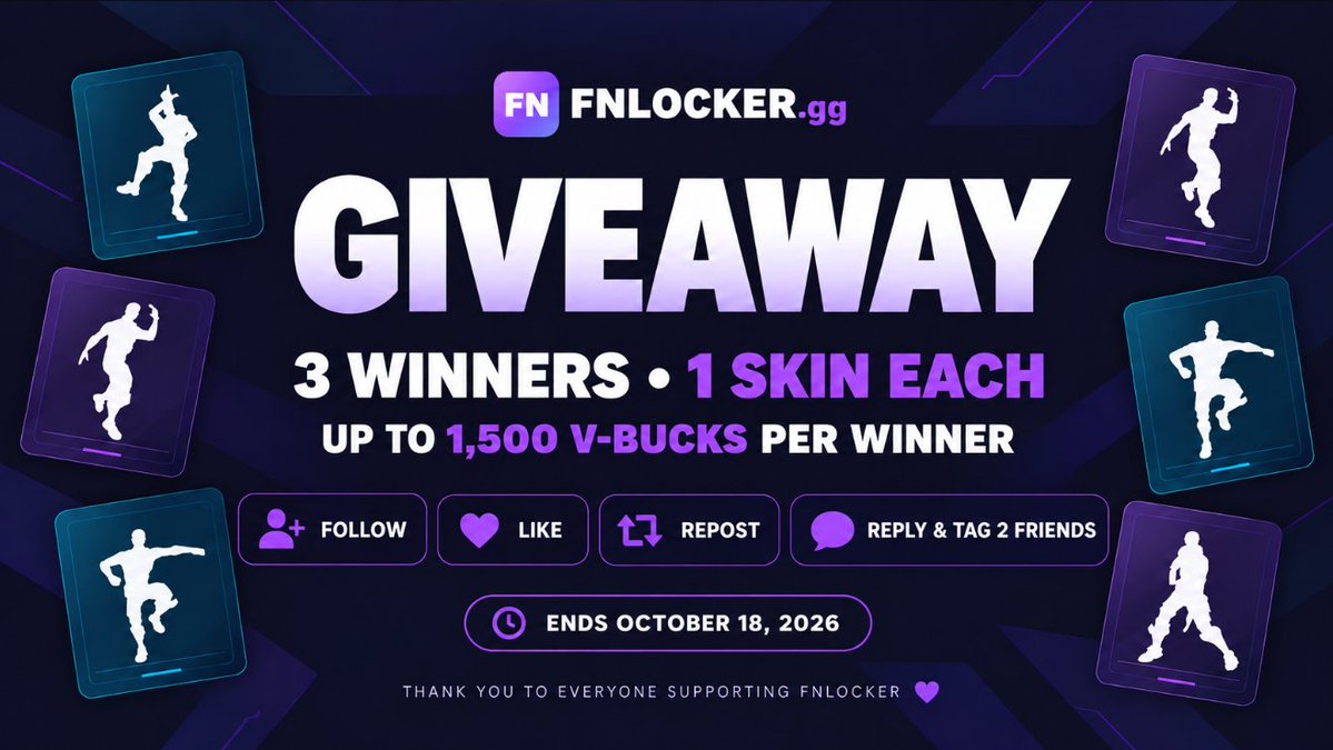 FNLockerGG's tweet photo. 🎉 FNLOCKER GIVEAWAY 🎉

Huge thank you to everyone who’s been supporting us and using code FNLOCKER 💜

🏆 3 WINNERS
🎁 1 skin each — up to 1,500 V-Bucks per winner

To enter:
👤 Follow us
❤️ Like this post
🔁 Repost
💬 Reply & tag 2 friends

That’s it — you’re entered! ✅

Want to support FNLOCKER? You can use code FNLOCKER in the Fortnite Item Shop 💜

https://t.co/q9xKDUA06L

Using our code is completely optional and is NOT required to enter.

⏳ Ends October 18, 2026 Good luck everyone! 💜

#FNLOCKER #Fortnite #FortniteGiveaway