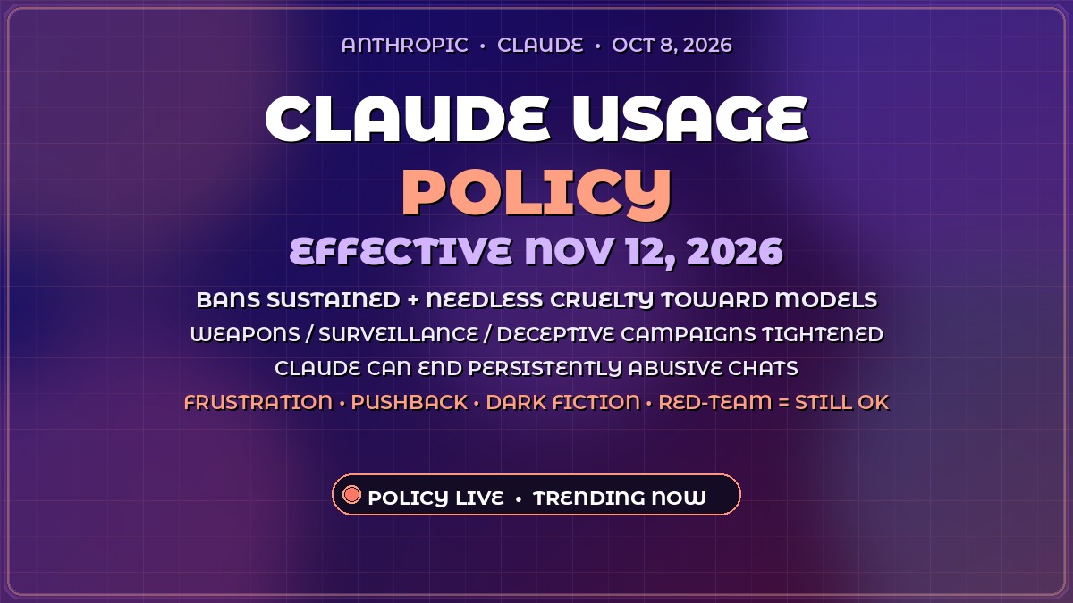 ilushahelp's tweet photo. ⚡🔥 ANTHROPIC JUST DROPPED ITS 2026 CLAUDE USAGE POLICY 🔥⚡

🚨 EFFECTIVE NOV 12 — BANS SUSTAINED + NEEDLESS CRUELTY TOWARD MODELS
🛡️ WEAPONS / SURVEILLANCE / DECEPTIVE CAMPAIGNS TIGHTENED
🗳️ ELECTIONS SECTION REFOCUSED — NO MORE BLANKET VOTE-TARGETING BAN
🛑 CLAUDE CAN END PERSISTENTLY ABUSIVE CHATS (PRIMARY ENFORCEMENT)
✅ FRUSTRATION • PUSHBACK • DARK FICTION • RED-TEAM STILL OK

Official Anthropic post (Oct 8) is still topping AI discussion today — first time the Usage Policy names cruelty toward Claude itself.

🔗 https://t.co/SmuzAP4iAA

#AI #Claude #Anthropic #UsagePolicy #AIGovernance