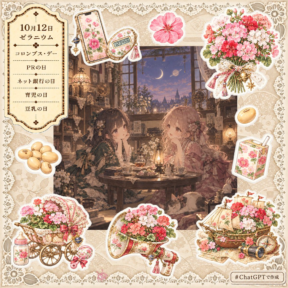 leaveittothe_w's tweet photo. 10月12日🌸ゼラニウム
コロンブス・デー 
PRの日  
ネット銀行の日  
育児の日  
豆乳の日
#何の日カード https://t.co/xJ25JZOfUw