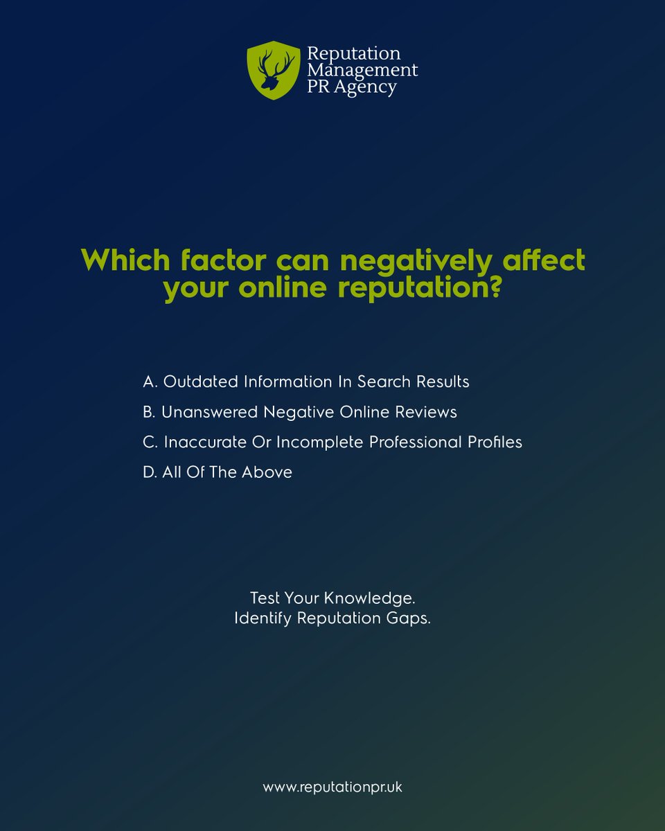 ReputationPR_UK's tweet photo. Reputation Quiz: What harms online reputation? Outdated results, negative reviews, or inaccurate profiles? All three! Monitor regularly to protect brand trust.

https://t.co/NsLkO6eGHD

#ReputationManagement #OnlineReputation #BrandTrust #OnlineReviews #PR https://t.co/y1haWOfk5L