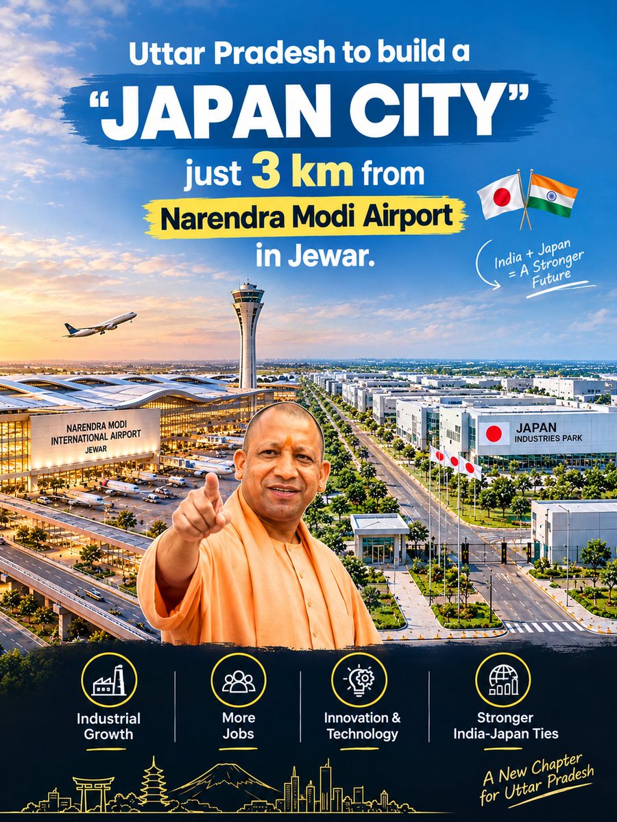 _techiefeed's tweet photo. UP is planning a 500-acre dedicated 'Japan City' in Sector 5A, just ~3 km from Jewar Airport! Modeled after Neemrana, the mixed-use hub will house Japanese majors in semiconductors, electronics, & clean tech alongside dedicated expat housing.
#MakeInIndia #InvestInIndia #UP https://t.co/0opdj8yUF8