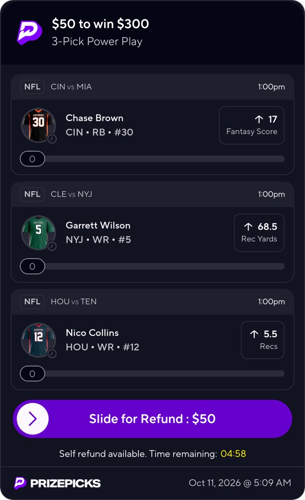 WRLDDFSPICKS's tweet photo. 🏈 NFL 3-MAN POWER PLAY LOCKED IN! 🔒

Chase Brown ⬆️ 17 Fantasy Score
Garrett Wilson ⬆️ 68.5 Receiving Yards
Nico Collins ⬆️ 5.5 Receptions

Three picks. One card. Let’s see how this one plays out! 🎯💪

#NFL #PrizePicks #NFLPicks #PlayerProps #SportsPicks https://t.co/BLQK5BaC6e