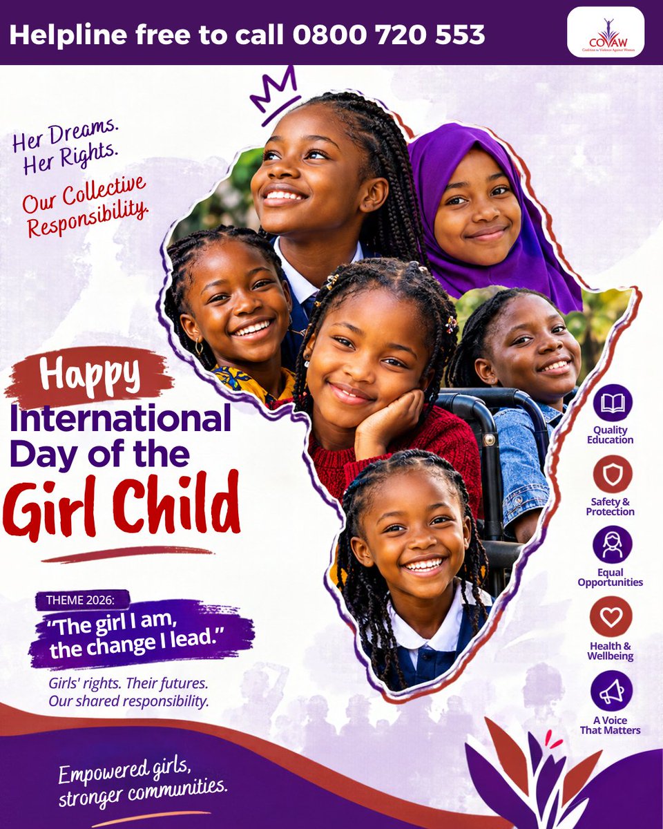 covaw's tweet photo. To every girl in Kenya 💜.

The one who raises her hand first, and the one who is still finding her voice. The one who dreams out loud, and the one who dreams quietly. You are already leading, and you do not have to be fearless to be strong.

We see you. We believe in you. And we will keep working so that you can grow up safe, heard and free.

Happy International Day of the Girl Child, from all of us at COVAW.

If you or a girl you know needs help, call our free helpline: 0800 720 553

#DayOfTheGirl #COVAW
