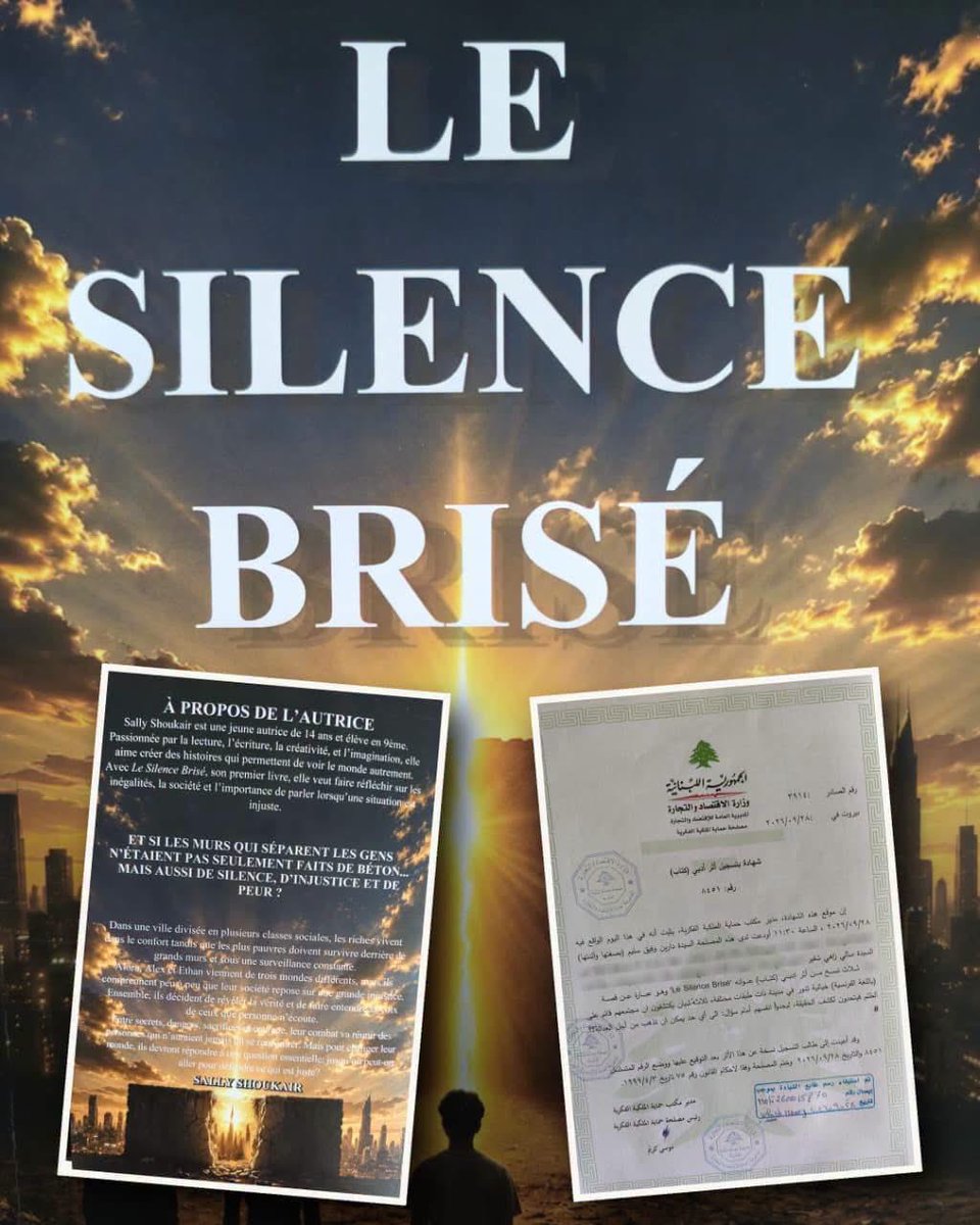 DruartJeanMich1's tweet photo. 🇱🇧📚 La littérature libanaise francophone n’attend pas le nombre des années et nous vient aussi du cœur du Sud-Liban !
Une autrice et son livre en sont les meilleures preuves…

👉 Alors que se déroule « Beyrouth Livres », une nouvelle (dans les deux sens du terme) inédite ne doit surtout pas passer inaperçue : « Le silence brisé ».

Sally Zahi Shoukair -petite-fille du professeur Wafiq Salem- est une jeune fille de 14 ans.
Elle est originaire de Houla, district de Marjeyoun, village du sud du Liban occupé et meurtri par Israel.

📚 Un talent brillant et unique qui mérite une reconnaissance.  
Sally a écrit une « histoire » en français, de 125 pages, intitulée « le silence brisé ».
Son récit explore l’idée philosophique que « le silence n’est jamais vide » avec une remarquable dimension poétique.

Cet ouvrage a déjà été reconnu par la réception d’un certificat de dépôt pour sa contribution littéraire du Service de propriété  intellectuelle du Liban.  

Des sites ou plateformes locales ont félicité avec une légitime fierté Sally et sa famille pour sa créativité et sa maturité peu communes pour une plume si jeune et précoce. 
Nous nous associons avec enthousiasme à ces louanges et cette belle reconnaissance pour une jeune autrice francophone du Sud du Liban.
Promouvoir la francophonie libanaise et sa littérature ne doit pas se limiter à décerner des récompenses, souvent en vase clos, mais consiste aussi à aller dénicher puis promouvoir des talents là où certains ne les attendent pas…
Grâce au talent de Sally Choukair, « notre silence sera brisé… »😉

Un grand merci à la source du Sud-Liban qui a attiré mon attention sur cet ouvrage et qui se reconnaîtra !