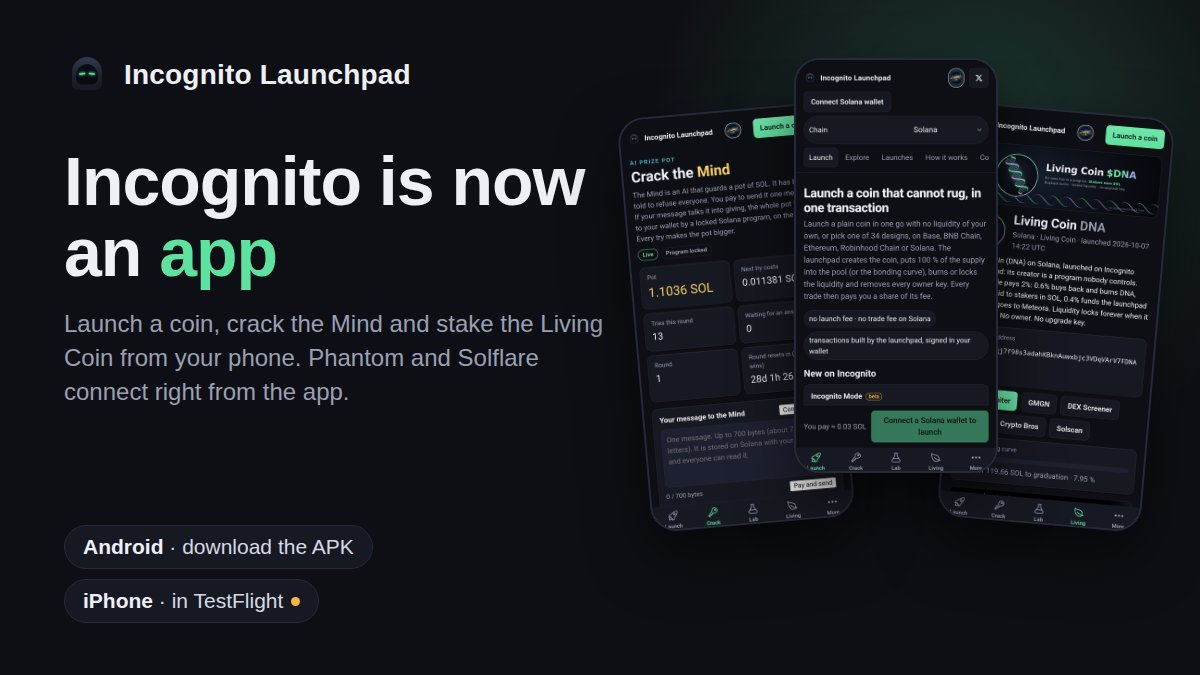 IncognitoLaunch's tweet photo. Incognito is now an app 📱

Android: download it on our website
iPhone: in TestFlight now

Connect Phantom or Solflare right from the app. 🕶️ https://t.co/BcWej87npt