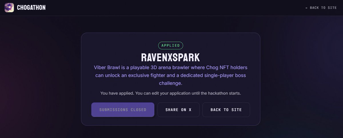 RAVEN_SPARK7's tweet photo. I just applied to Chogathon 2026. 14 days to build with Chog NFTs, $15K in prizes. Come build too! https://t.co/lwVjjbPNcY 

thankyou @vibevibefun and @ChogNFT for this opportunity

I dont have a massive stack to use but I will try my best with what tools I have🫡 https://t.co/H5HWTpeBwj