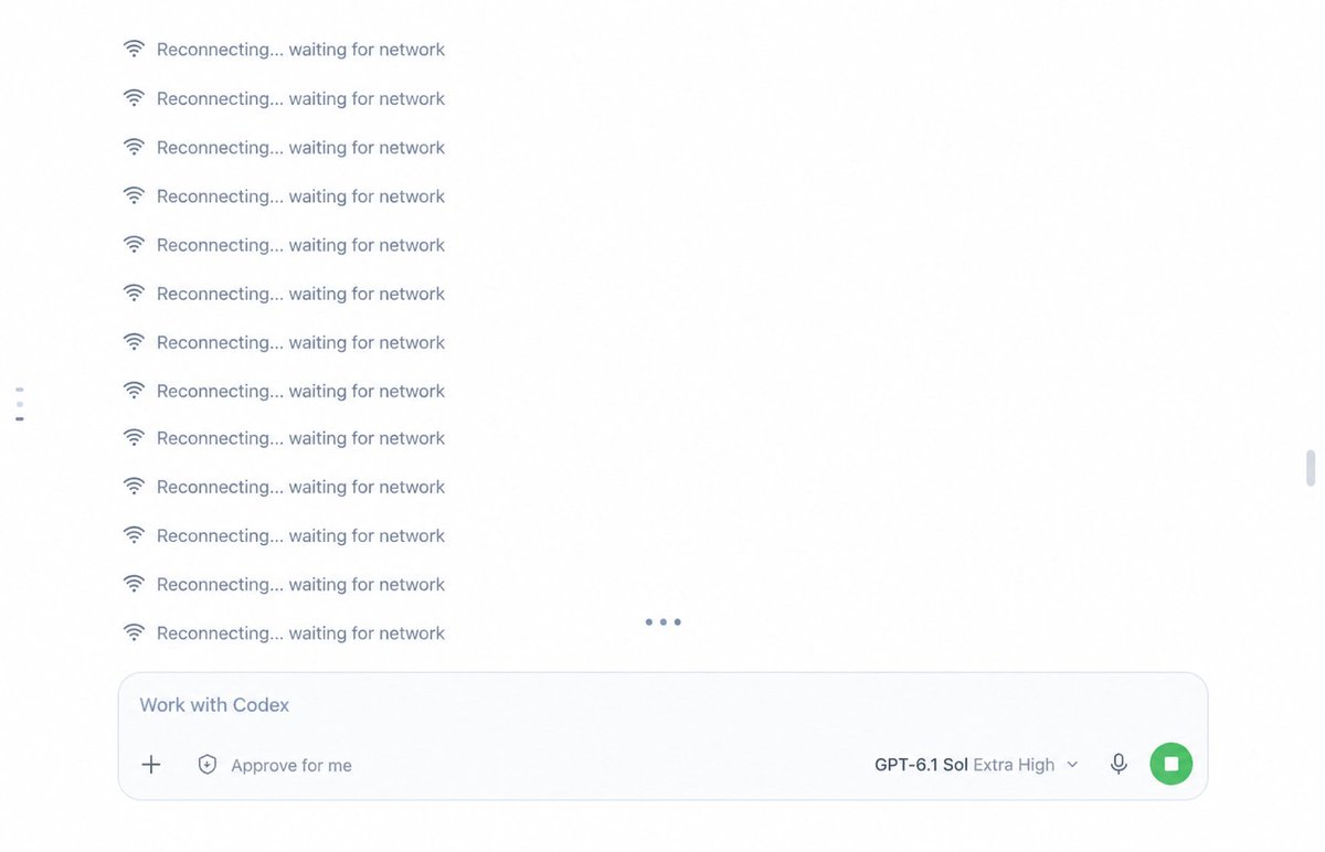 AIFRONTIERUP's tweet photo. 🚨 GPT-6.1 SOL IN CODEX IS BECOMING UNUSABLE 💀

“Reconnecting… waiting for network” AGAIN?! OpenAI, fix this mess. I’m tired of fighting Codex instead of getting work done. 😭 https://t.co/fkW5EEYZ5o