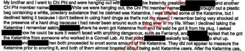 thellama451's tweet photo. @clariusmaximus Approx a week prior Jane Doe was at the frat house. A member brought out ketamine. She was shocked and declined. She asked where he got it: He said "he got the ketamine from someone who worked in a Cornell Lab. At that point [redacted] basically told [redacted] to shut up." https://t.co/gBMRSHSAga