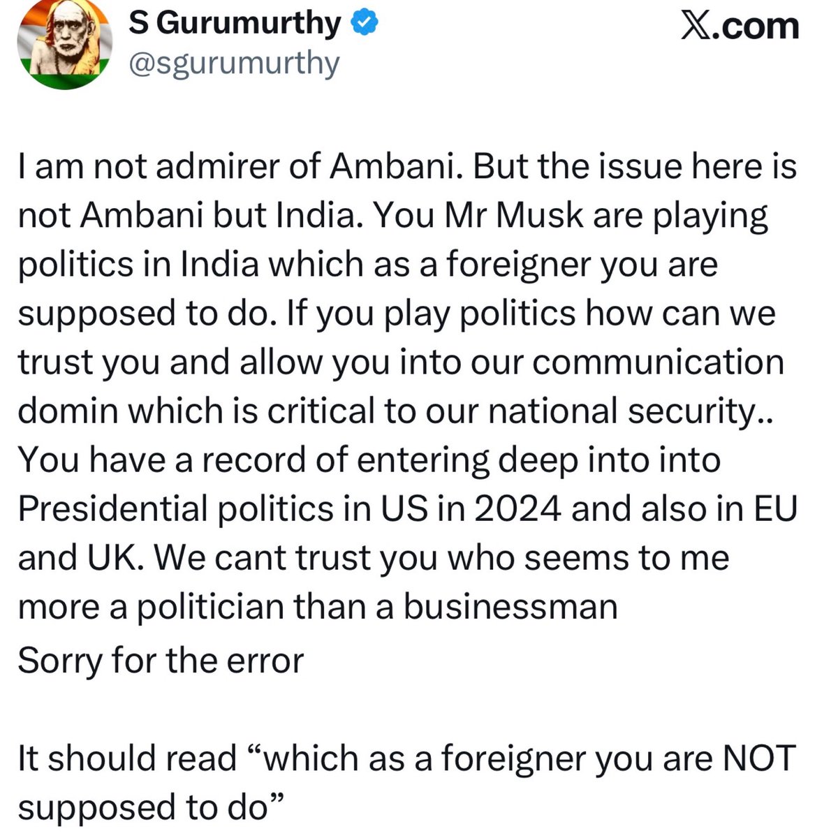 RMantri's tweet photo. This is not Ambani’s army, this is India you are up against now. You finished your prospects here.

Here is @sgurumurthy - a person who has taken on Reliance Industries for decades. He is spot on. He is of the Swadeshi school of thought - I disagree strongly on many issues with him and most of his economic policy ideas but I support his stand on this issue. https://t.co/WgdCmc5xvh 

India will give no quarter to your bullying. @PMOIndia @HMOIndia @JM_Scindia 

You cannot divide Indians today and by doing this tamasha here, you have dug the grave of Starlink and Tesla in India @elonmusk.

Chal phut!