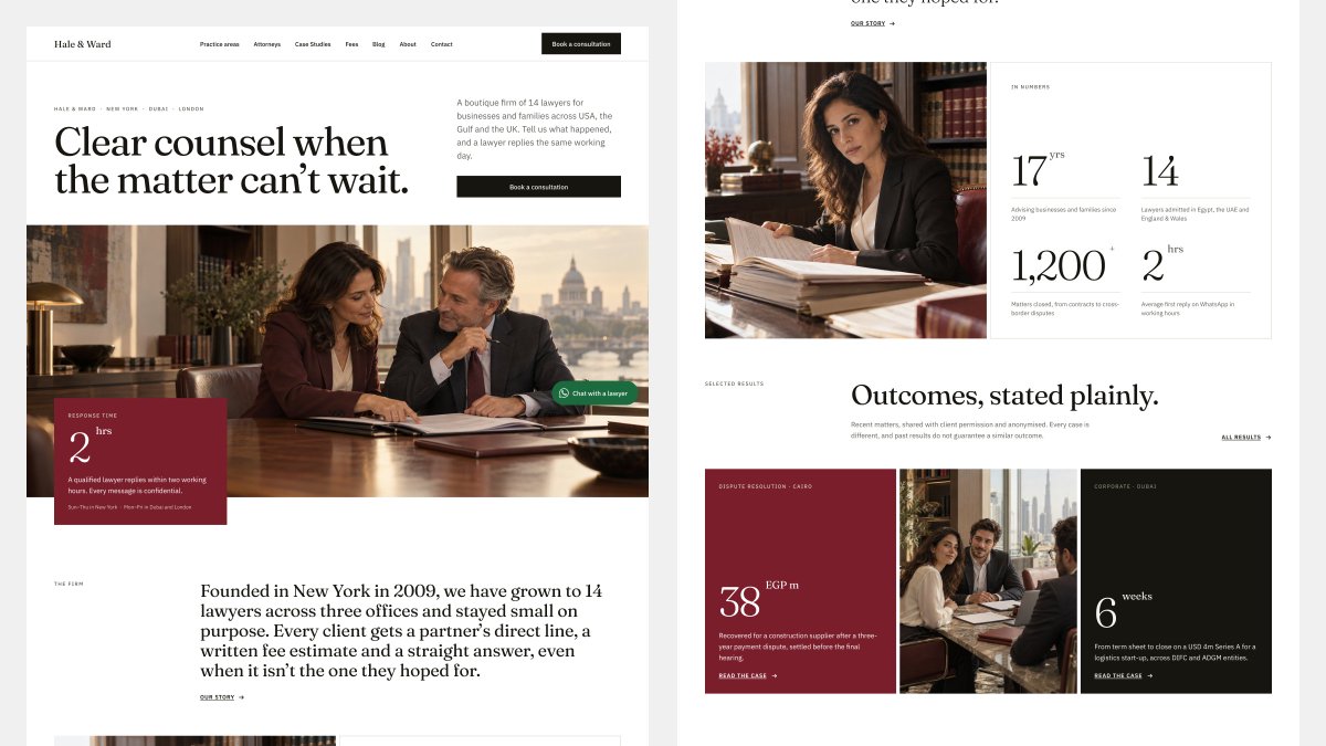 djectstudio's tweet photo. Hale &amp; Ward is live.

An editorial website template for law firms. 17 pages, CMS, WhatsApp-first contact.

Available in Figma, Framer, Next.js, and Astro. Make it your own with AI-powered rebranding in a single prompt. https://t.co/xJMyfGw97T