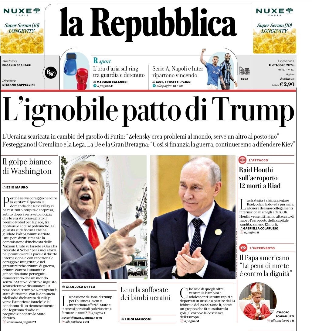 CesareSacchetti's tweet photo. La "moralità" secondo @repubblica . È "ignobile" stringere accordi commerciali con Putin per mettere fine alla speculazione dei mercati sul petrolio. È "nobile" invece finanziare un regime nazista colpevole di crimini di guerra, coinvolto nel traffico di esseri umani ed erogatore di tangenti per i politici dell'Unione europea. La "moralità" di Repubblica è dalla parte di un regime criminale che ha ucciso quasi 2 milioni di ucraini.