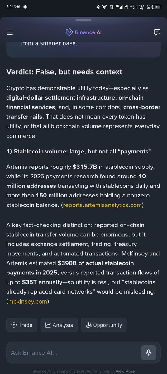 MeherDilshad's tweet photo. Here was my Prompt with #BinanceAI: "Fact-check 'crypto has no utility' with stablecoin volume, DeFi TVL, remittance data, and real-world adoption stats"
Results below @binance https://t.co/QFUFdsjO8t