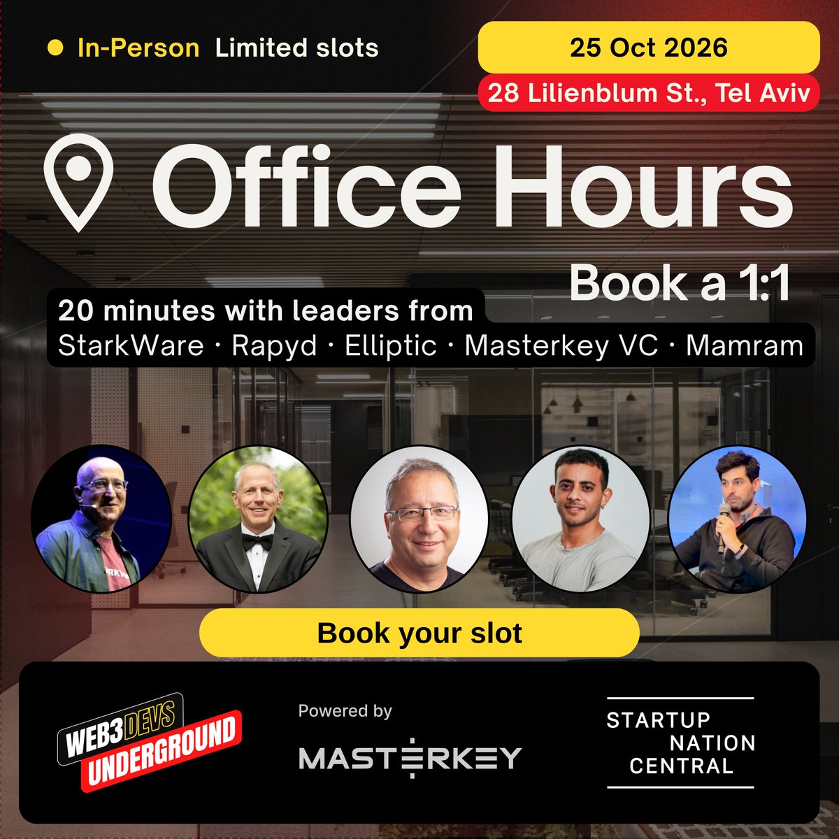 Web3_Devs's tweet photo. You're all invited to Office Hours on Sun 25 Oct in Tel Aviv: 20-min 1:1s with Eli Ben Sasson, Dror Avieli, Arkady Karpman, Ehud Naos and Shauli Rejwan. Bring a real question; the hosts pick who they meet. Free, apply by 18 Oct.
https://t.co/6OR5eB1ixW https://t.co/av2Urixp8r
