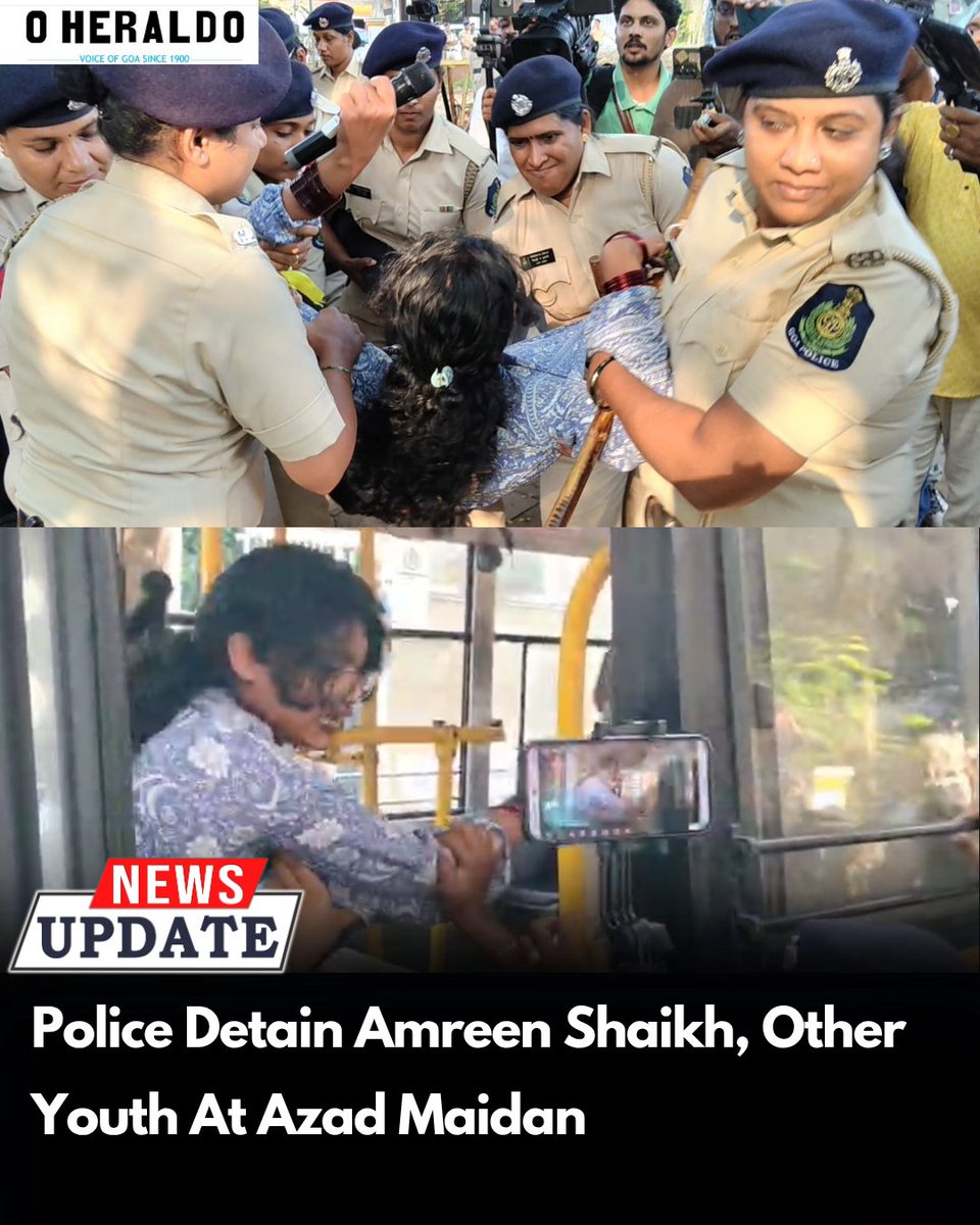 oheraldogoa's tweet photo. Police detained Amreen Shaikh and several other youth at Azad Maidan in Panjim after they arrived to stage a protest against Chief Election Commissioner Gyanesh Kumar.
#Goanews #CJPGoa #CJPProtest #Panjim https://t.co/FUO190cID2