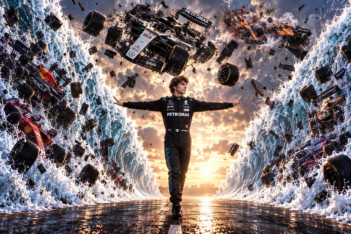 nyappy_yuji's tweet photo. 今年のF1
まじでこれ
ランキング断トツトップのアントネッリ
抜群に速いのに予選上手くいかなかったりで後方下がってもオーバーテイクせずとも勝手に前が居なくなる
サッシャさんのいう通り完全にモーゼの十戒

ふざけてチャッピーに画像作らせたらおもろいの出来た
ポーズはラッセルへの皮肉

#F1jp https://t.co/F1B0si2qQ7