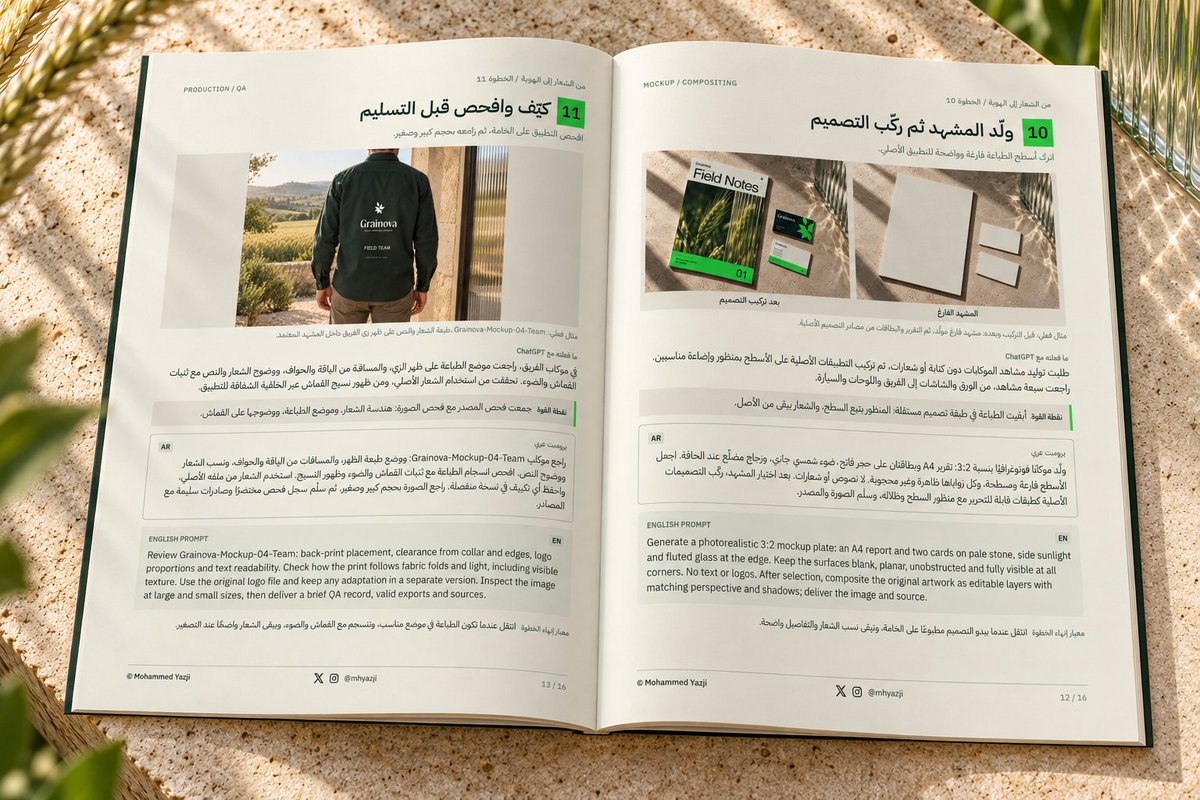 MHYazji's tweet photo. براند ولا غلطة بدأ بملف شعار فقط! 🤩

وعدتكم أشارككم الطريقة، واليوم جهّزت لكم الدليل 🔥جمعت فيه الخطوات والبرومبتات بالعربية والإنجليزية، مع أمثلة من المخرجات لتعرف ماذا تطلب وكيف تراجع النتيجة.

إذا عندك شعار وتتساءل «وبعدين؟»، هذا الدليل لك:
🔁 اعمل ريتويت ليستفيد غيرك 📩
وأرسل لي على الخاص: «دليل البراند» لأرسل لك الملف ❤️