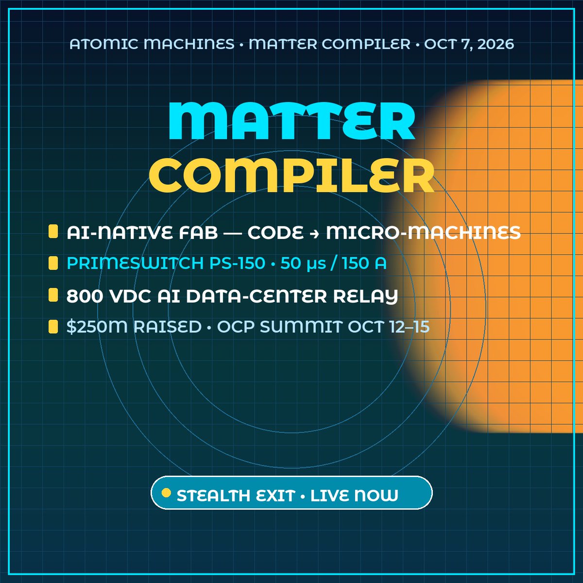 ilushahelp's tweet photo. ⚡🔥 MATTER COMPILER IS OUT 🔥⚡

🚨 ATOMIC MACHINES EXITS 6 YEARS OF STEALTH — OCT 7, 2026
🧬 AI-NATIVE FAB: DIFFERENT CODE → DIFFERENT WORKING MICRO-MACHINE
🏆 FIRST PRODUCT: PRIMESWITCH PS-150
⚡ 50 µs OPEN • 150 A • 1500 V ISOLATION • ~1000× FASTER THAN CONTACTORS
🏭 BUILT FOR 800 VDC AI DATA-CENTER POWER
💰 $250M RAISED • SHOWS AT OCP GLOBAL SUMMIT OCT 12–15

Code compiles matter. Jeff Holden’s Atomic Machines just shipped the beachhead.

🔗 https://t.co/i5zpcZQBYr
🌐 https://t.co/8DmL3tBsVr
📣 https://t.co/MpGwqdwBb3

#AI #AtomicMachines #MatterCompiler #PrimeSwitch #HardTech #OCP