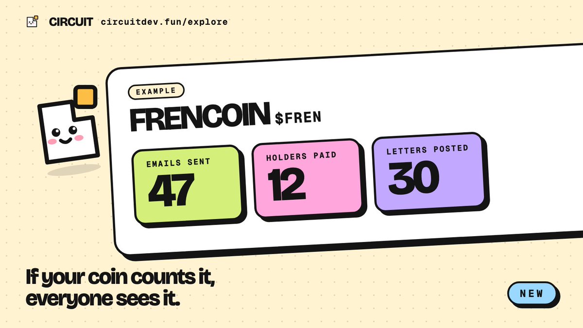 circuitdevfun's tweet photo. Counters are now public on Circuit.

If a coin's rules count something, its page shows the number as a tile.

"Emails sent 47."

Live, no setup.

https://t.co/teAvUfOJIt https://t.co/WdnO6UUC0p
