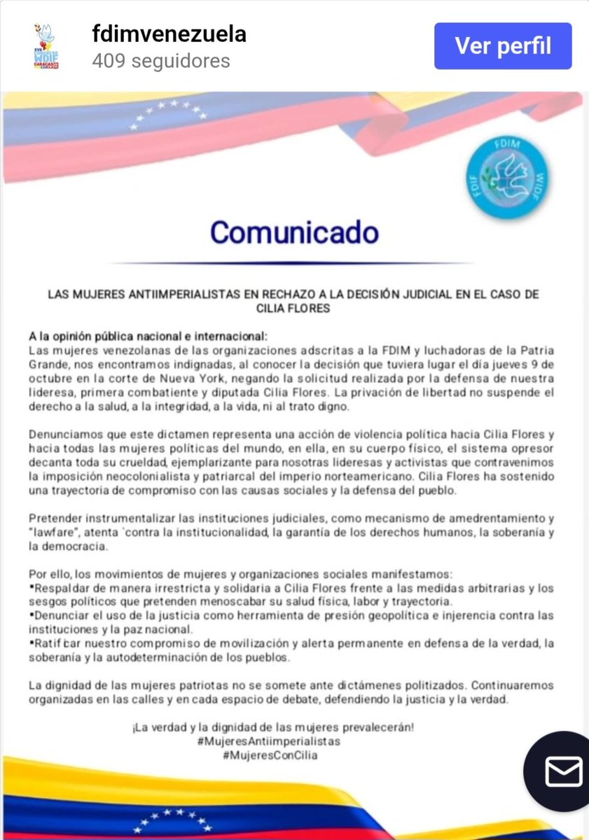 AnaDelivery_'s tweet photo. La Federación Democrática Internacional de Mujeres denunció que la negativa de una Corte Federal a conceder arresto domiciliario a la primera combatiente venezolana es violencia política contra el liderazgo femenino soberano. 

@ConCiliaFlores
#FreeCilia 
https://t.co/g8xXYJqnQD https://t.co/BwnodMED1T
